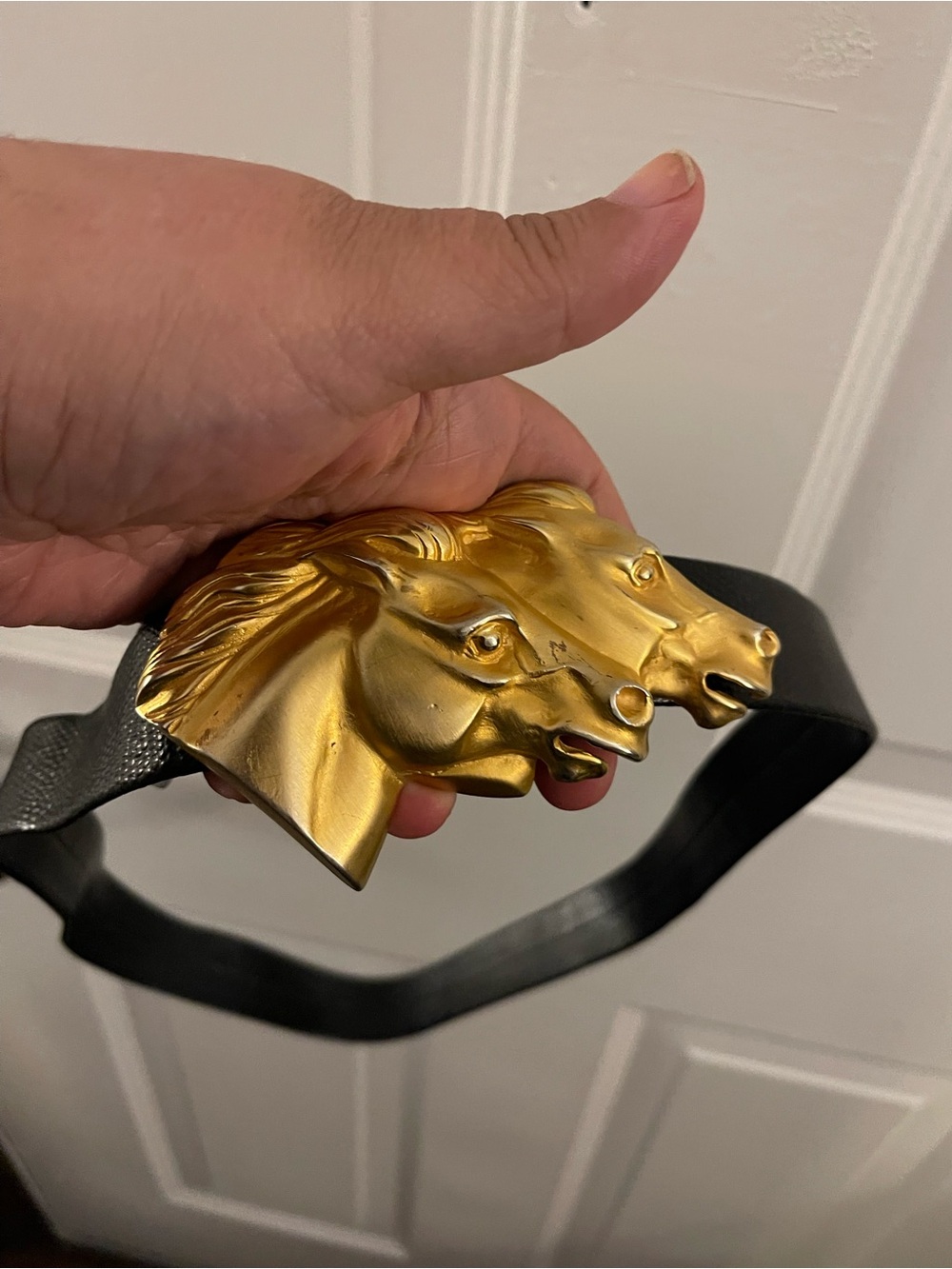 Vintage Doreen Ryan Black Genuine Leather Belt w/ Gold Double Horse Head Buckle